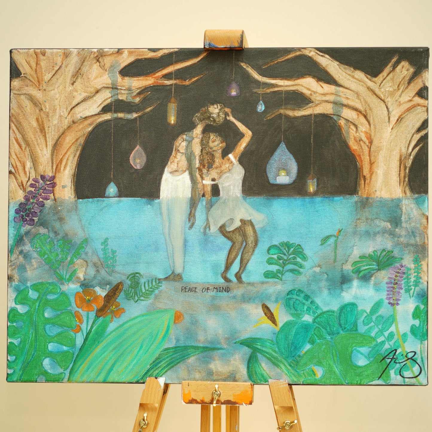 Peace of Mind is an acrylic and watercolor painting on stretched canvas. It depicts a black couple standing back to back in a body of water filled with plants and trees.