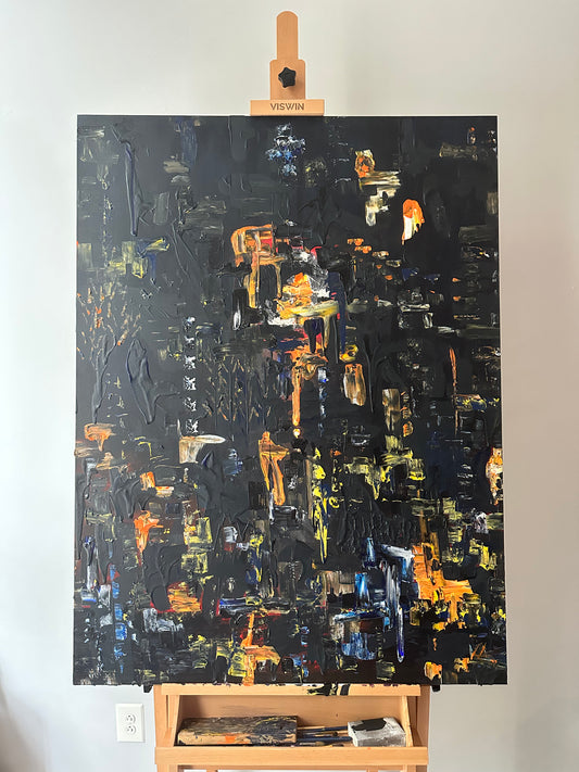 Inspired by the African proverb "A child who does not receive warmth from the village will burn it down to feel its warm", this abstract painting is set alight with bursts of orange, yellow, and white on a black canvas. Textured brush strokes add a natural feel to the piece somewhat reminiscent of city lights.