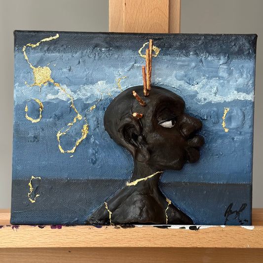 Kintsugi Brown is a mixed media sculpture on stretched canvas depicting a black person put back together with gold. 