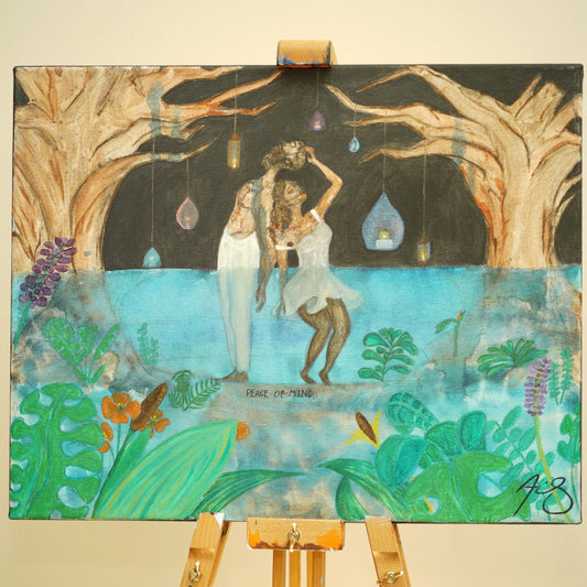 Peace of Mind is an acrylic and watercolor painting on stretched canvas. It depicts a black couple standing back to back in a body of water filled with plants and trees. 